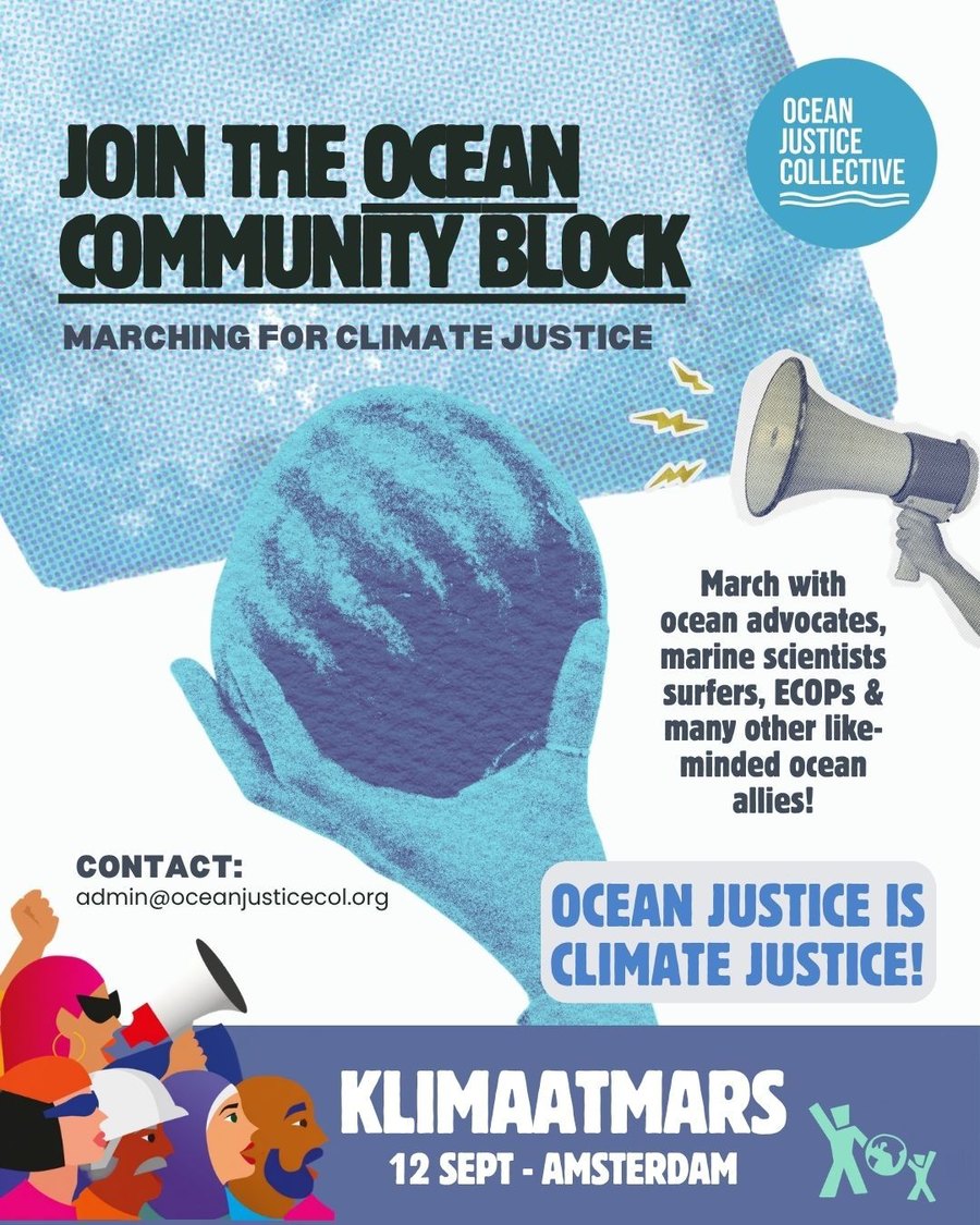 Event poster titled Join the Ocean Community Block, marching for climate justice, with a hand holding a blue globe and a megaphone, for the Klimaatmars on 12 September in Amsterdam