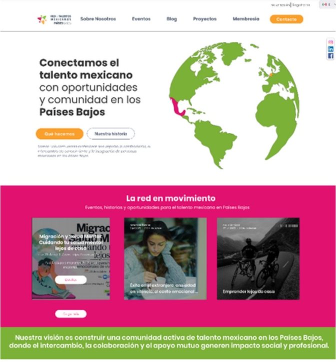 Home page of the Red de Talentos Mexicanos en Países Bajos website, with a green globe and a pink section called La red en movimiento