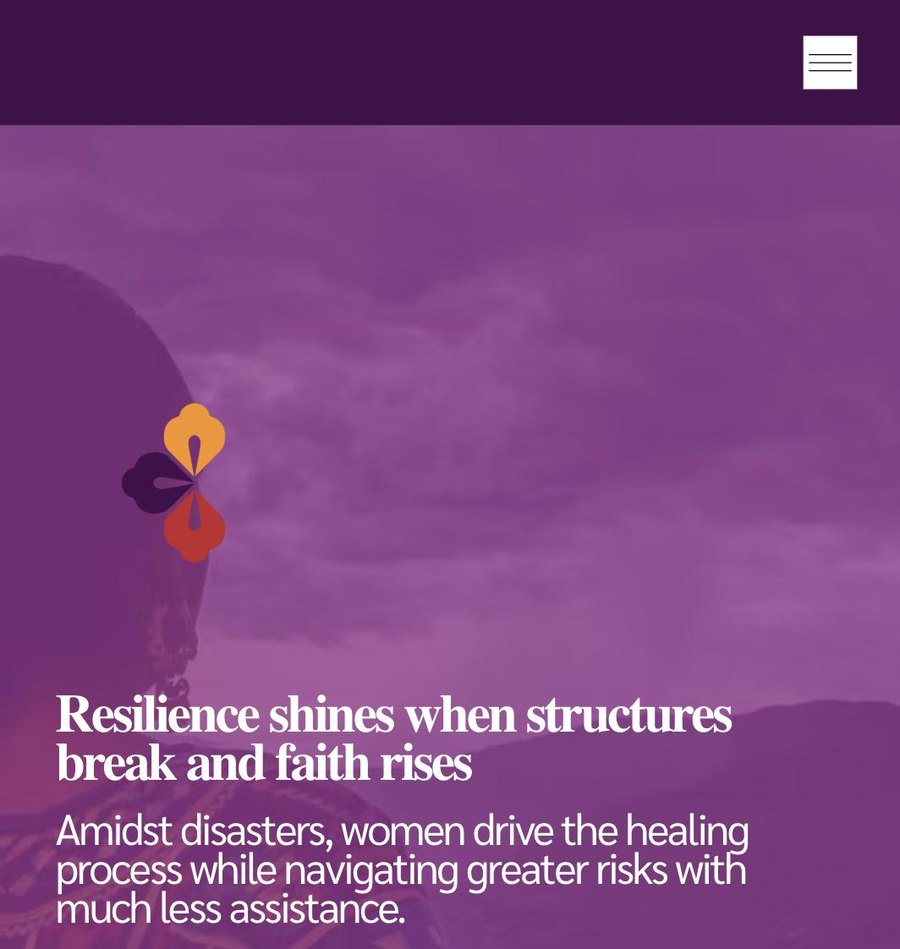 English home page of the Proyecto MARIA website, with a purple photo of a woman against a stormy sky and the headline Resilience shines when structures break and faith rises